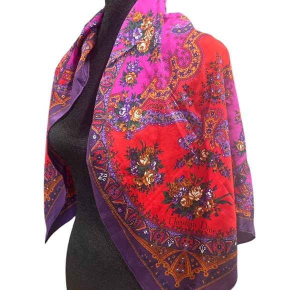 Dior Silk Vintage Purple and Red Floral Scarf - Picture 6 of 8